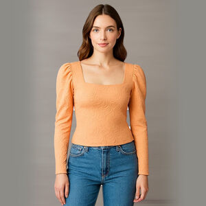 Women's Cyrus NYC Stretch Square Neck Puff Sleeve Top, M, Peach Sleeve